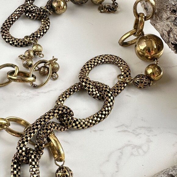 Vintage Long Necklace W/ Metal Mesh Beads & Links Gold-Tone 32" - Picture 4 of 11